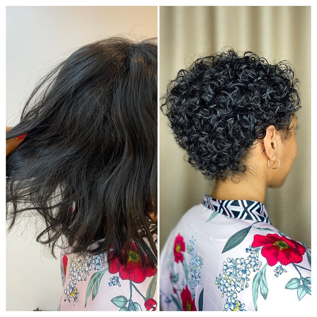 Photo d'un avant après pour un big chop cheveux bouclés réalisé chez Studio Boucle